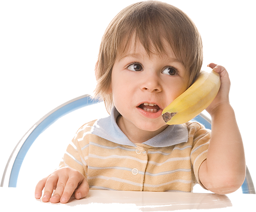 toddler pretending banana is a telephone